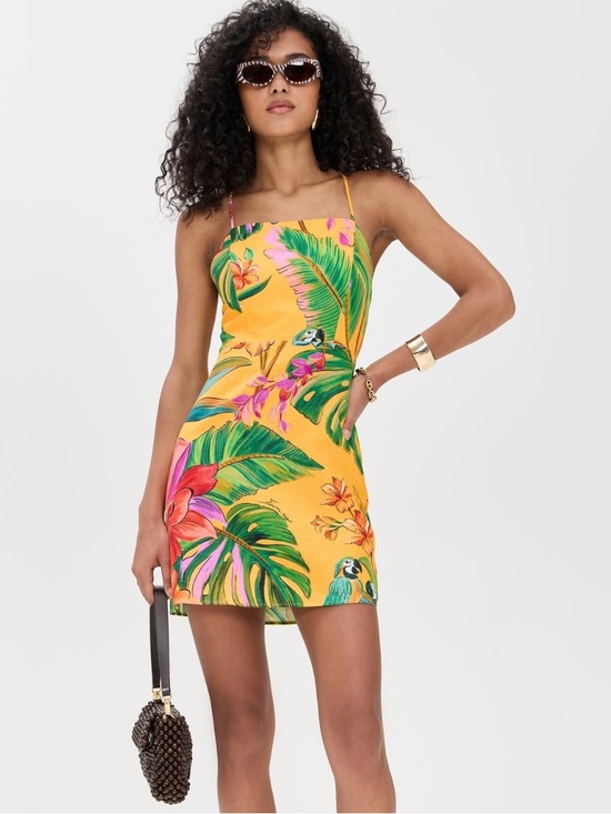 FARM Rio Dresses & Skirts - Farm Rio Birds Singing Yellow Mini Dress Large NWT Tropical Parrot 8304
